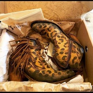 Liberty Black Cheetah - Leopard print leather with fringe boots size 6.5 NIB
